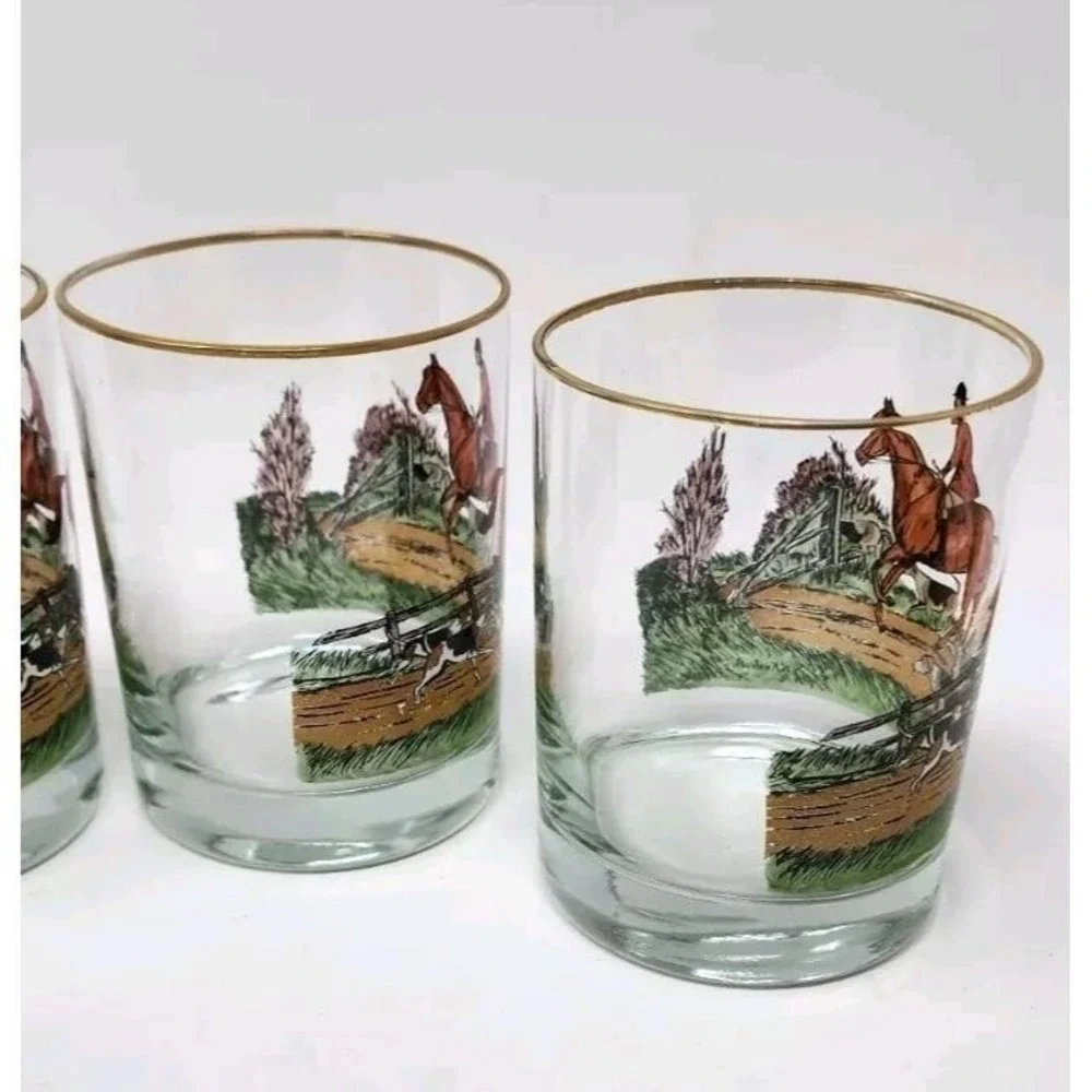 Set 4 Vtg 1940's R Kuntzsch 12oz Glasses Fox Hunt Scene Signed Equestrian Horses